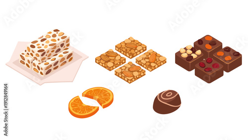 Assorted sweets and chocolates with nuts and fruits in isometric style