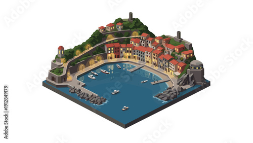 Charming harbor town at dusk with boats and lighthouse in isometric view