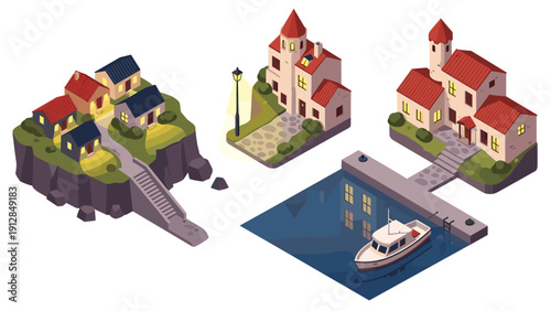 Charming isometric coastal village with houses and lighthouse by the sea