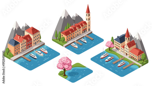 Isometric coastal town with boats and mountain landscape