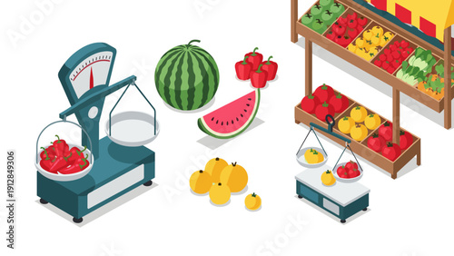 Isometric market stall with scales and fresh produce display