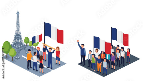 Isometric french celebration with eiffel tower and flag