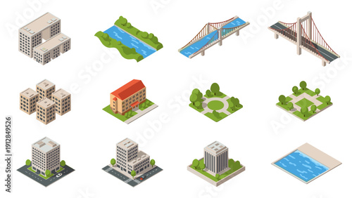 Isometric city elements collection featuring buildings, bridges, and natural landscapes