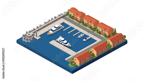 Isometric harbor with boats and buildings on calm water