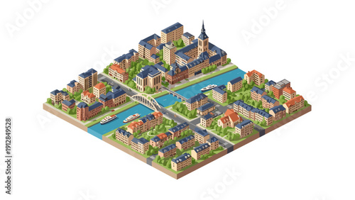 Isometric cityscape with canal, bridges, and buildings in urban european setting