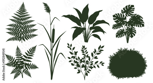 Diverse green plant silhouettes on white background collection