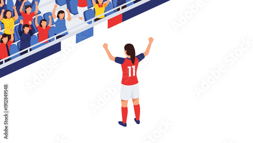 Female soccer player celebrating victory on the field with enthusiastic fans in stadium