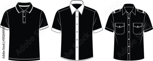 WebBlack and white men's short sleeve shirts set featuring casual polo, formal button down, and tactical military style apparel icons,