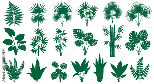 Diverse green tropical jungle plant silhouettes collection on white