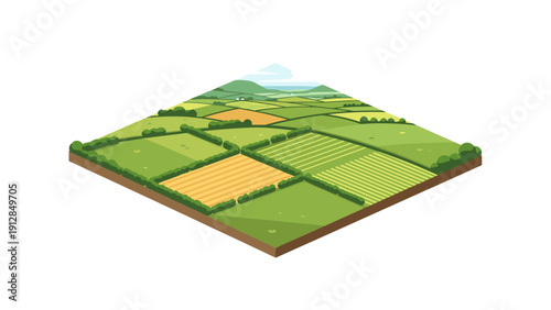 Green isometric farmland landscape with fields and trees