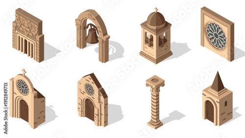 Historic architecture elements in isometric perspective with classic arches and columns