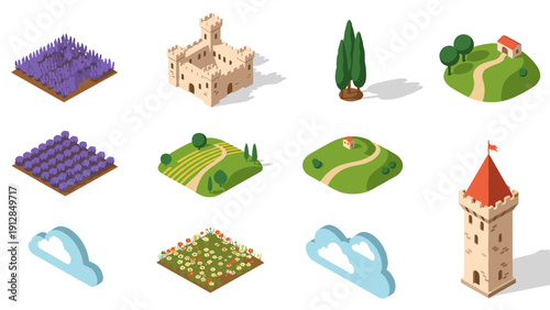 Charming isometric landscape elements with castles and nature scenes