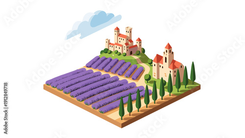 Isometric lavender field with mediterranean village and cypress trees under clouds