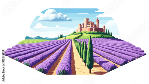 Charming castle overlooking lavender field and cypress trees under blue sky