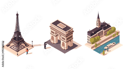 Iconic paris landmarks: eiffel tower, arc de triomphe, seine river in isometric design