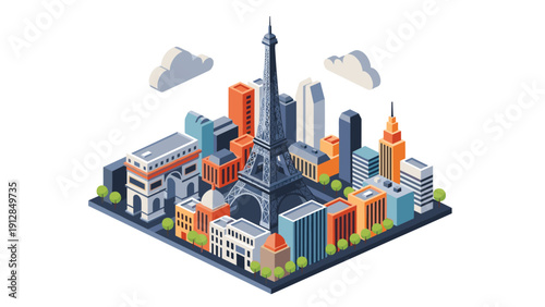 Isometric cityscape with iconic tower and urban architecture in pastel hues