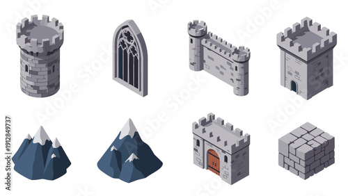 Isometric medieval elements: castles, mountains, and architecture