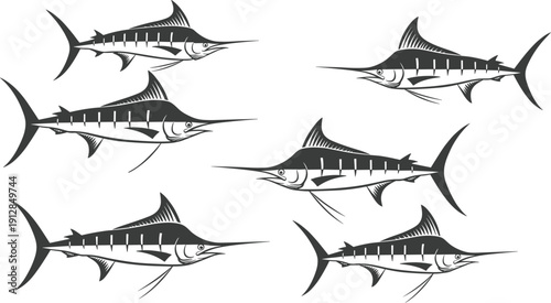 Blue marlin fish vector set with jumping sailfish silhouettes, swordfish character icons, and ocean sport fishing emblems on white background.