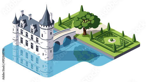 Isometric medieval castle with vibrant gardens and reflective moat