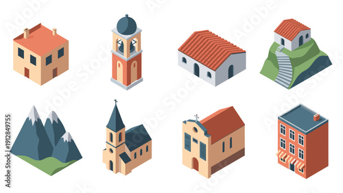 Isometric buildings and landscapes collection featuring classic and modern architecture