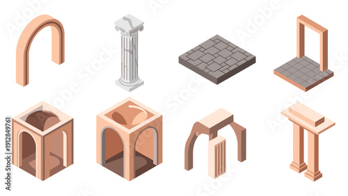 Isometric ancient architectural elements set with arches and columns
