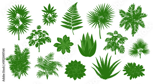 Collection of various green plant silhouettes on white background
