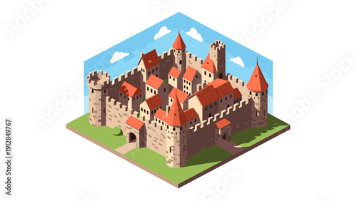 Isometric medieval castle with red roofs and stone towers in a hexagonal layout