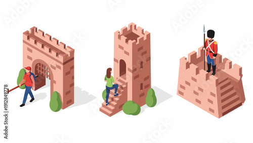 Isometric medieval castles and characters: traveler, climber, guard