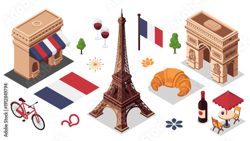Parisian icons set with eiffel tower, arc de triomphe, french flag, and baguette