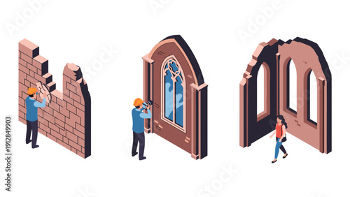 Isometric construction sequence: builders restoring historic building walls