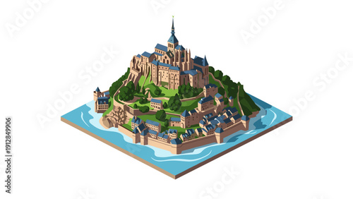 Isometric castle island: detailed 3d medieval fortress with natural landscape