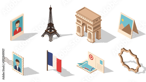 Isometric paris icons: eiffel, arc, flags, travel and landmarks in flat design