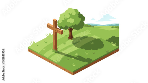 Isometric nature scene with wooden cross and tree on grassy hill