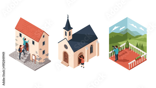 Isometric architecture: historical building, church, scenic balcony with tourists