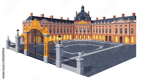 Elegant isometric palace with ornate gates and grand architecture