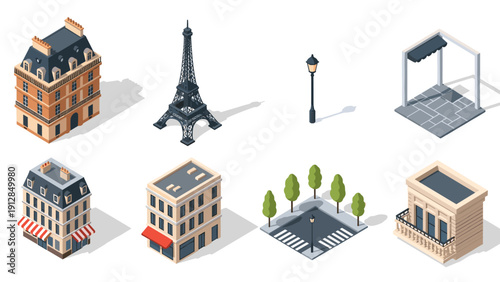 Isometric cityscape elements: parisian architecture and urban design