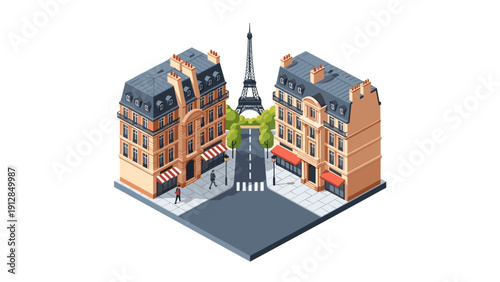 Isometric parisian street scene with buildings and eiffel tower