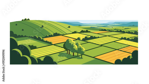 Scenic cartoon countryside landscape with rolling hills and farmlands