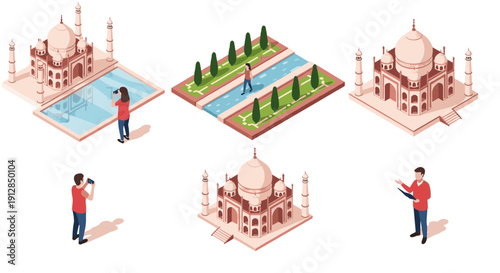 Isometric taj mahal tourism concept with visitors and gardens