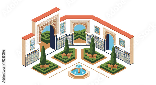 Isometric alhambra-inspired courtyard with gardens and fountain