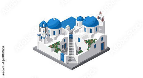 Isometric greek architecture with blue domes and flowers