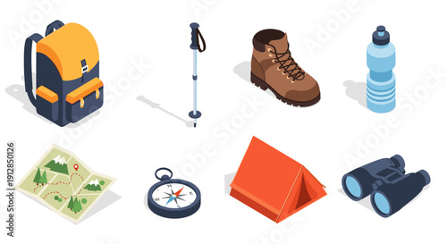 Isometric camping gear set: backpack, hiking boots, tent, and outdoor essentials
