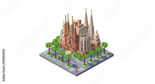 Isometric sagrada familia with palm trees and pedestrians