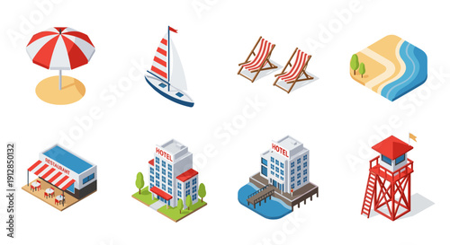 Isometric beach and resort elements: umbrella, sailboat, hotels, and more