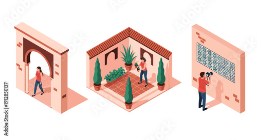 Isometric urban gardening and photography scenes with people and architecture