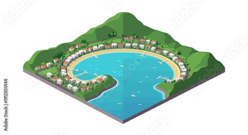 Isometric coastal village with harbor and sandy beach scene