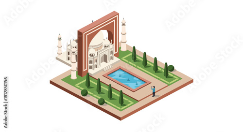 Isometric taj mahal scene with gardens and water feature featuring tourist
