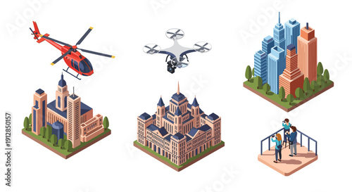 Isometric urban landscape: helicopter, drone, cityscape, and architecture design