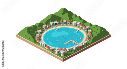 Isometric coastal town with circular lagoon surrounded by green mountains