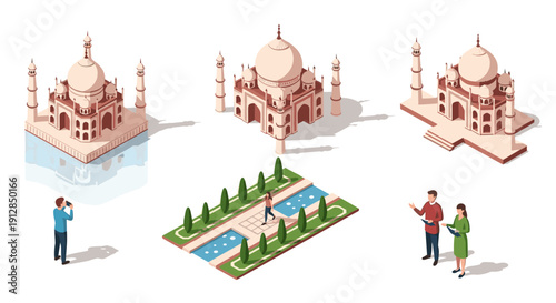 Isometric taj mahal landmark with travelers and guides in a park setting